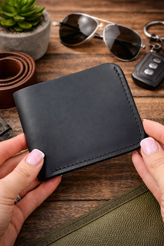Handmade Genuine Crazy Horse Leather Mens Bifold Wallet Black 4 Card Slots Gift for Him