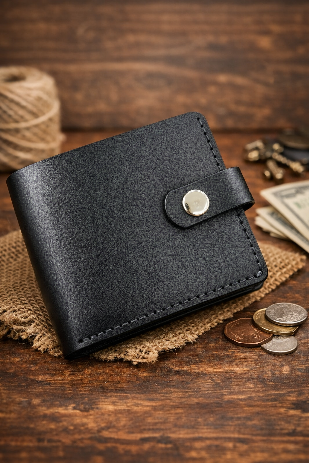 Handmade Classic Genuine Leather Wallet Black Crazy Horse Gift for Him