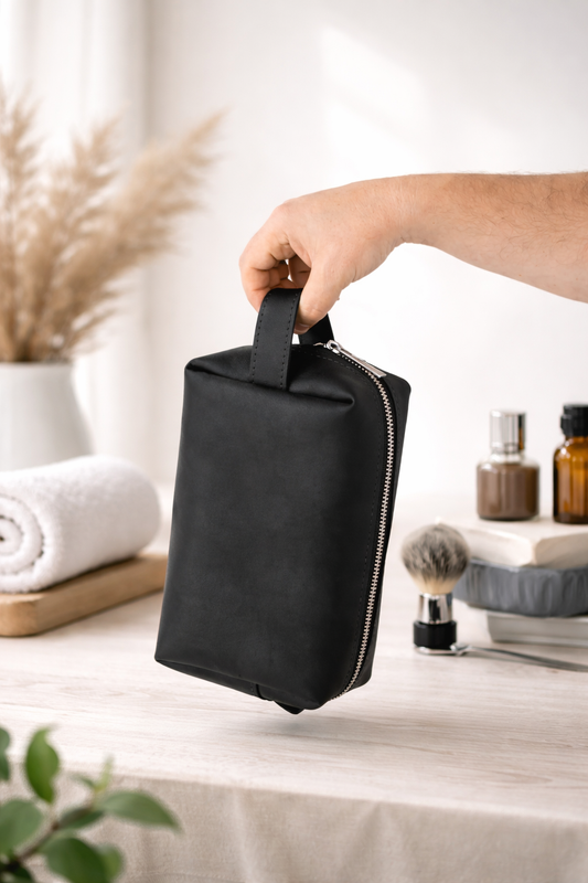Handmade Mens Leather Dopp Kit Black Travel Toiletry Bag Gift for Him