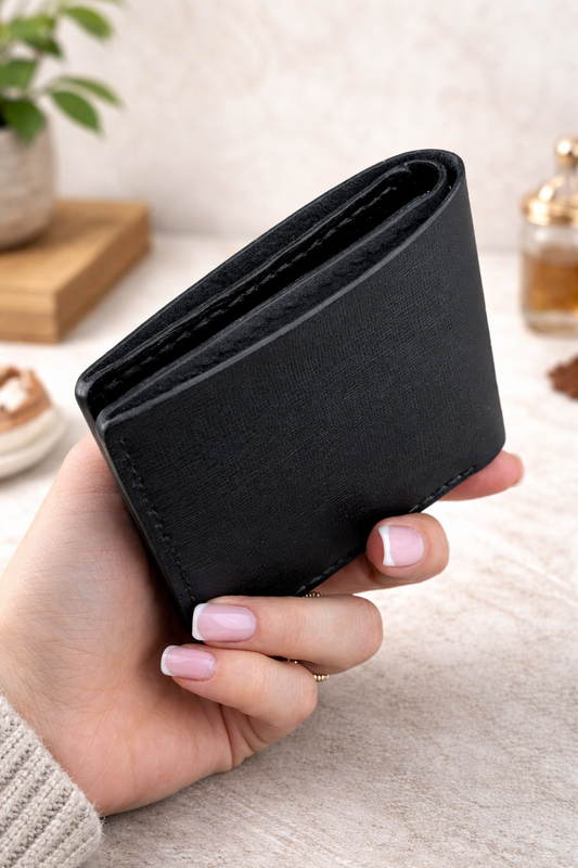 Handmade Mens Bifold Wallet Black Saffiano Leather Gift for Him