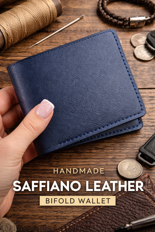 Handmade Mens Bifold Wallet Genuine Saffiano Leather Blue Gift for Him