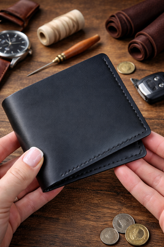 Handmade Mens Bifold Wallet Genuine Sandal Leather Black Gift for Him