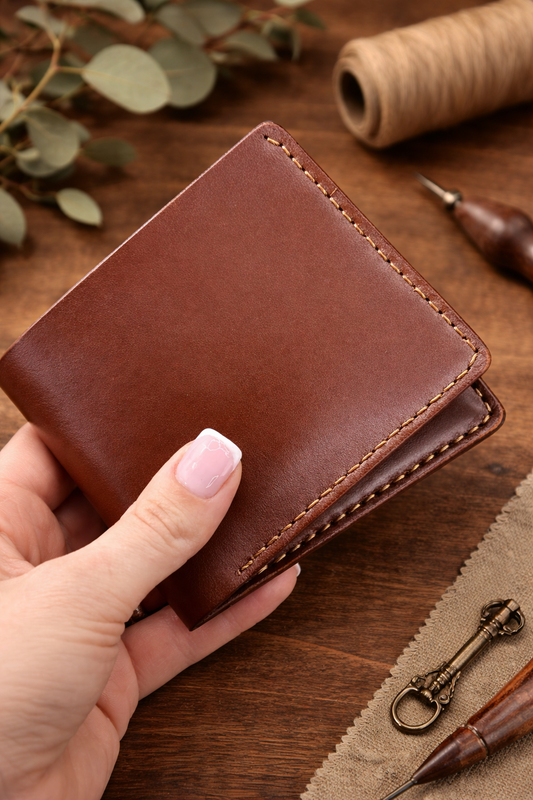 Handmade Mens Bifold Wallet Genuine Leather Sandal Brown Gift for Him