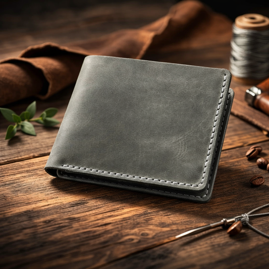 Handmade Mens Bifold Wallet Genuine Crazy Horse Leather Gray Gift for Him