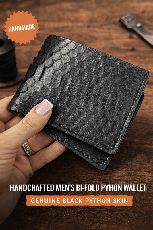 Handmade Mens Bifold Wallet Genuine Leather Python Embossed Black Gift for Him