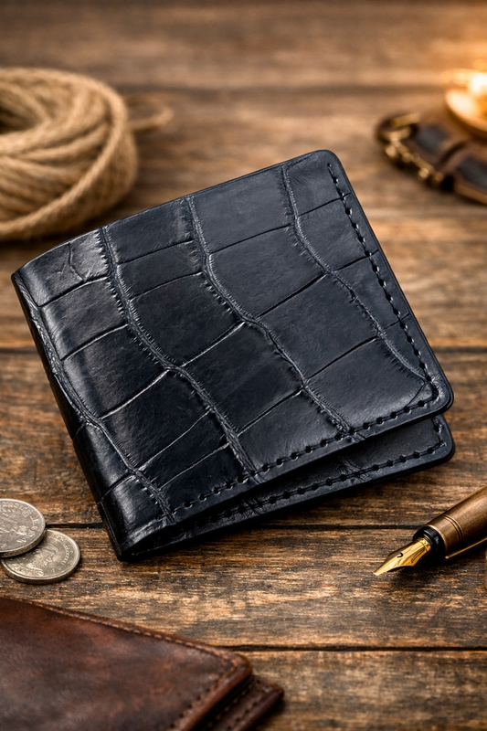 Handmade Mens Bifold Wallet Genuine Crocodile Leather Black Gift for Him