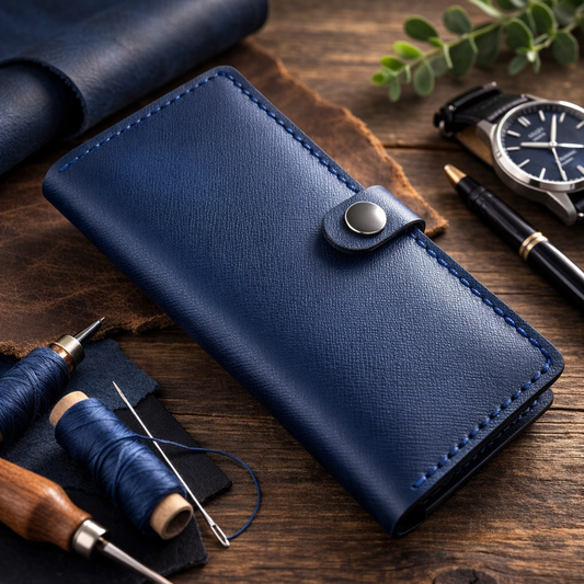 Handmade Mens Leather Wallet Saffiano Blue Long Wallet with Coin Pocket Gift for Him