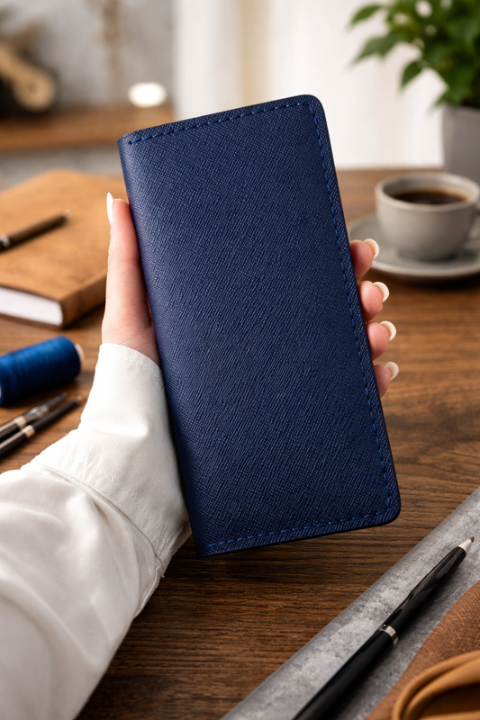 Handmade Mens Saffiano Leather Long Wallet Blue Gift for Him