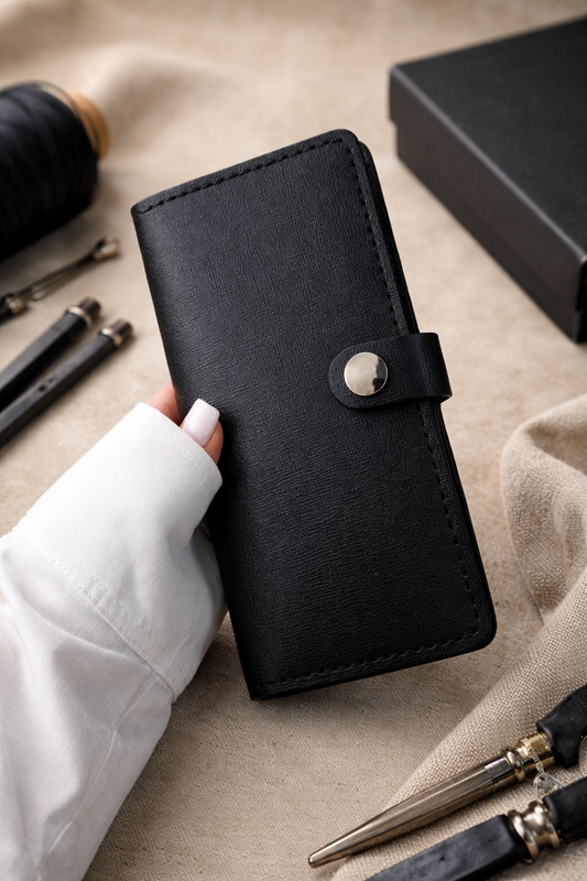 Handmade Mens Long Wallet Genuine Saffiano Leather Black Gift for Him