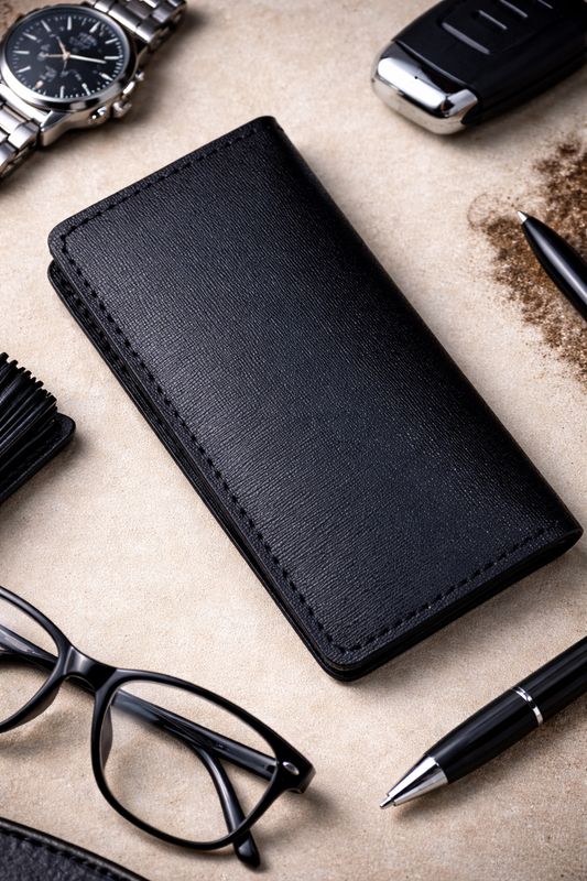 Handmade Mens Wallet Genuine Saffiano Leather Black Long Wallet by Master Gift for Him