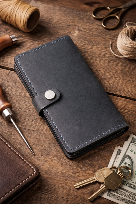 Handmade Mens Wallet Crazy Horse Leather Gray Long Wallet With Zipper Coin Pocket Gift for Him