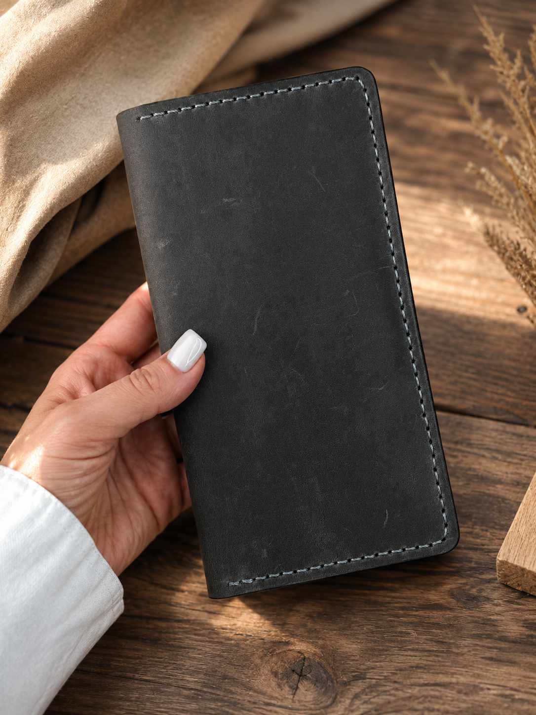Handmade Mens Wallet Crazy Horse Leather Gray Long Vintage Wallet Gift for Him