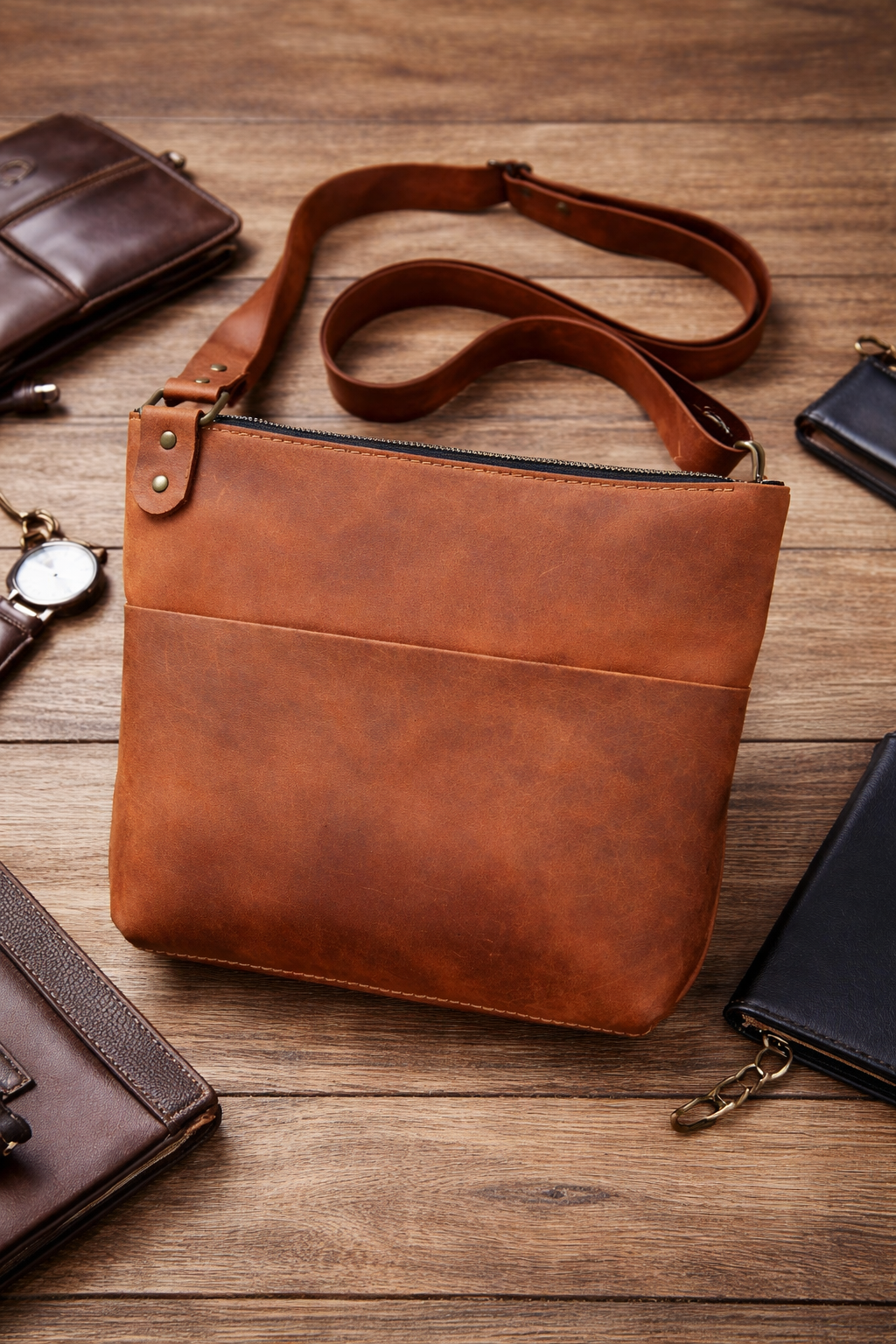Handmade Mens Brown Crazy Horse Leather Crossbody Messenger Bag