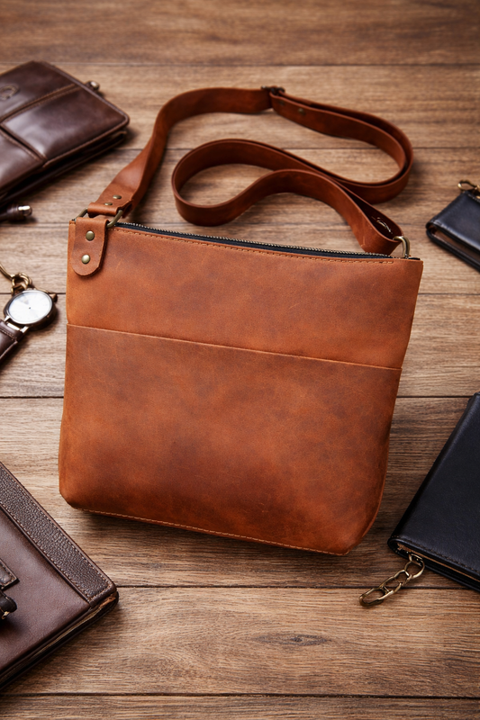 Handmade Mens Brown Crazy Horse Leather Crossbody Messenger Bag