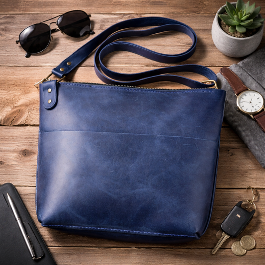 Handmade Mens Blue Crazy Horse Leather Shoulder Bag Messenger Crossbody