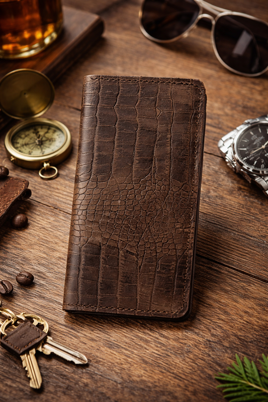 Handmade Mens Leather Wallet Brown Crocodile Embossed Crazy Horse