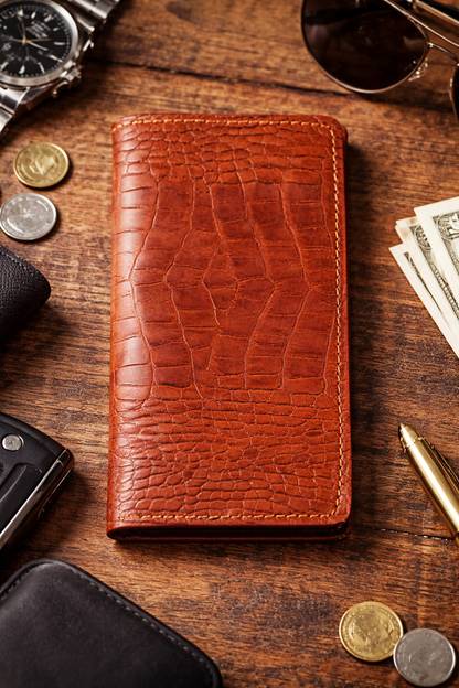 Handmade Brown Crazy Horse Leather Wallet Mens Crocodile Embossed Long Wallet