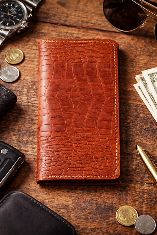 Handmade Brown Crazy Horse Leather Wallet Mens Crocodile Embossed Long Wallet