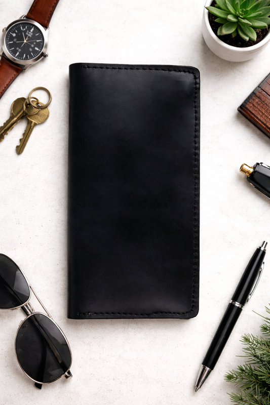 Handmade Mens Black Crazy Horse Leather Wallet Long 16 Card Slots Two Bill Compartments