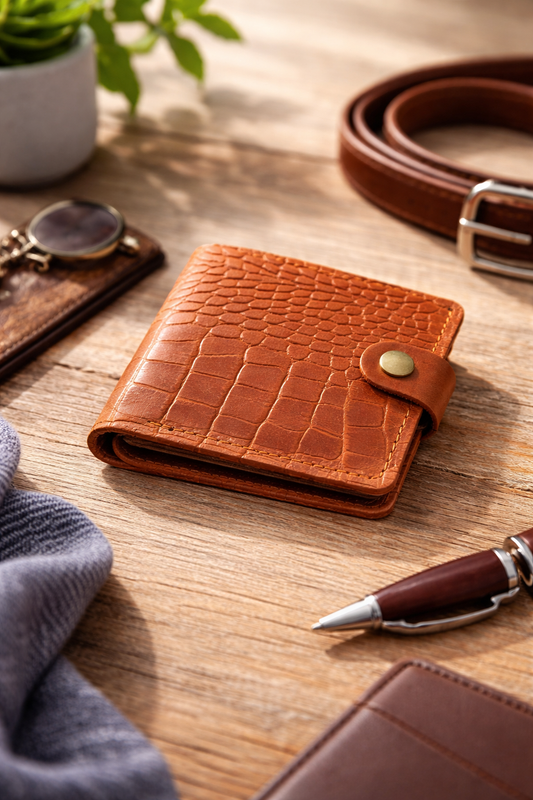 Handmade Mens Genuine Leather Wallet Crocodile Embossing Brown Gift for Him