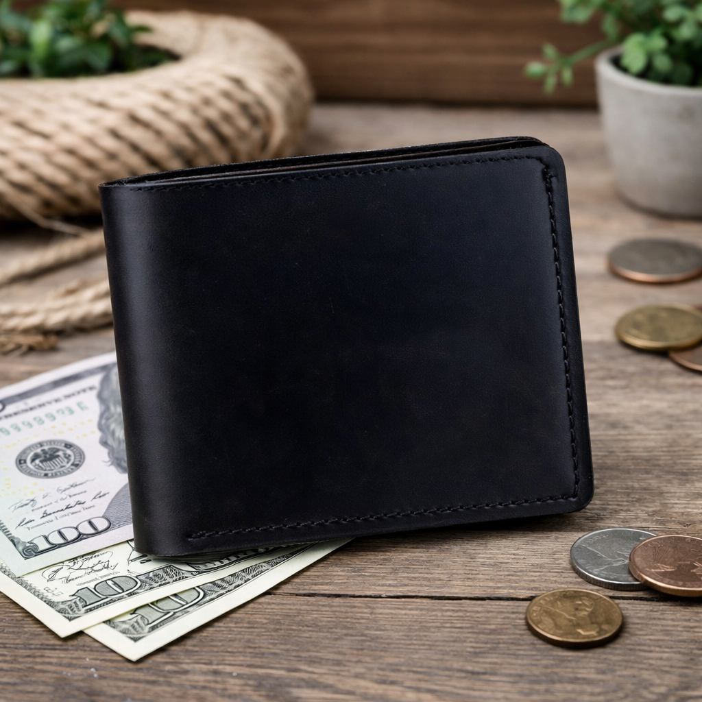Handmade Mens Bifold Leather Wallet Gift for Him Slim Minimalist Wallet