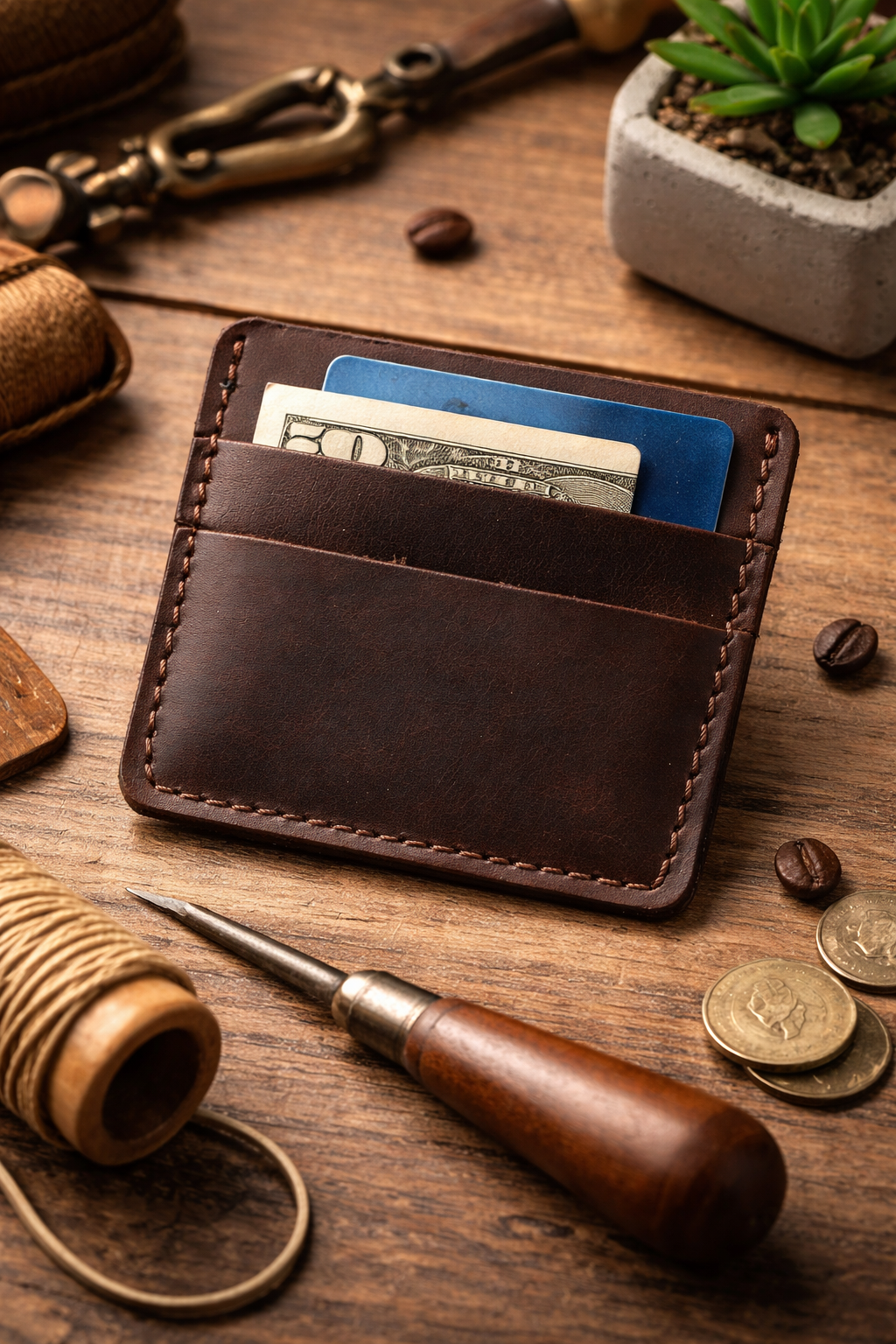 Handmade Crazy Horse Leather Cardholder Gift For Him Slim Minimalist Card Wallet