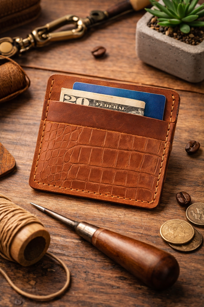 Handmade Mens Leather Cardholder Crocodile Embossed Crazy Horse Gift For Him