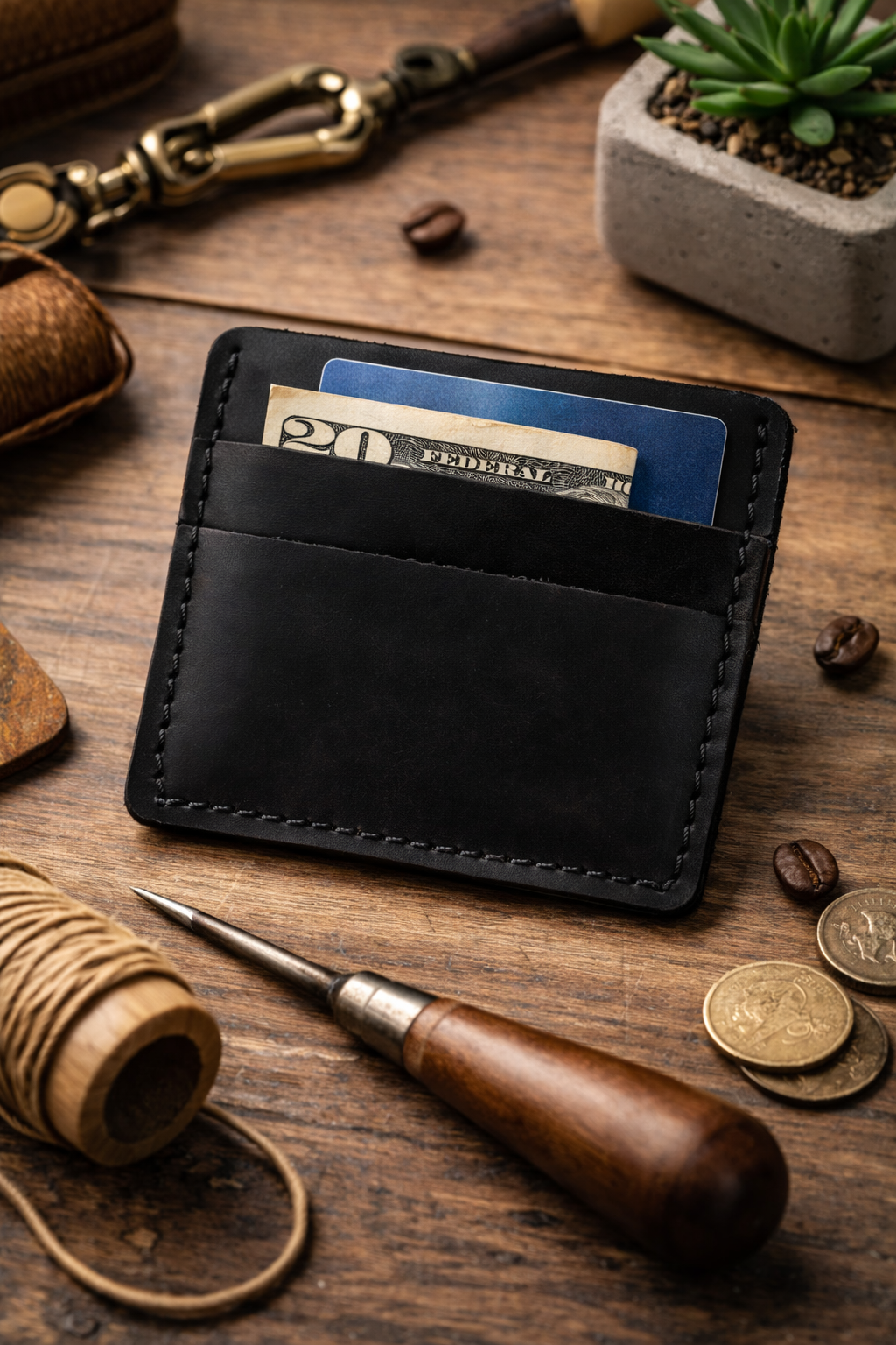 Handmade Crazy Horse Leather Cardholder for Men Minimalist Card Holder Gift for Him