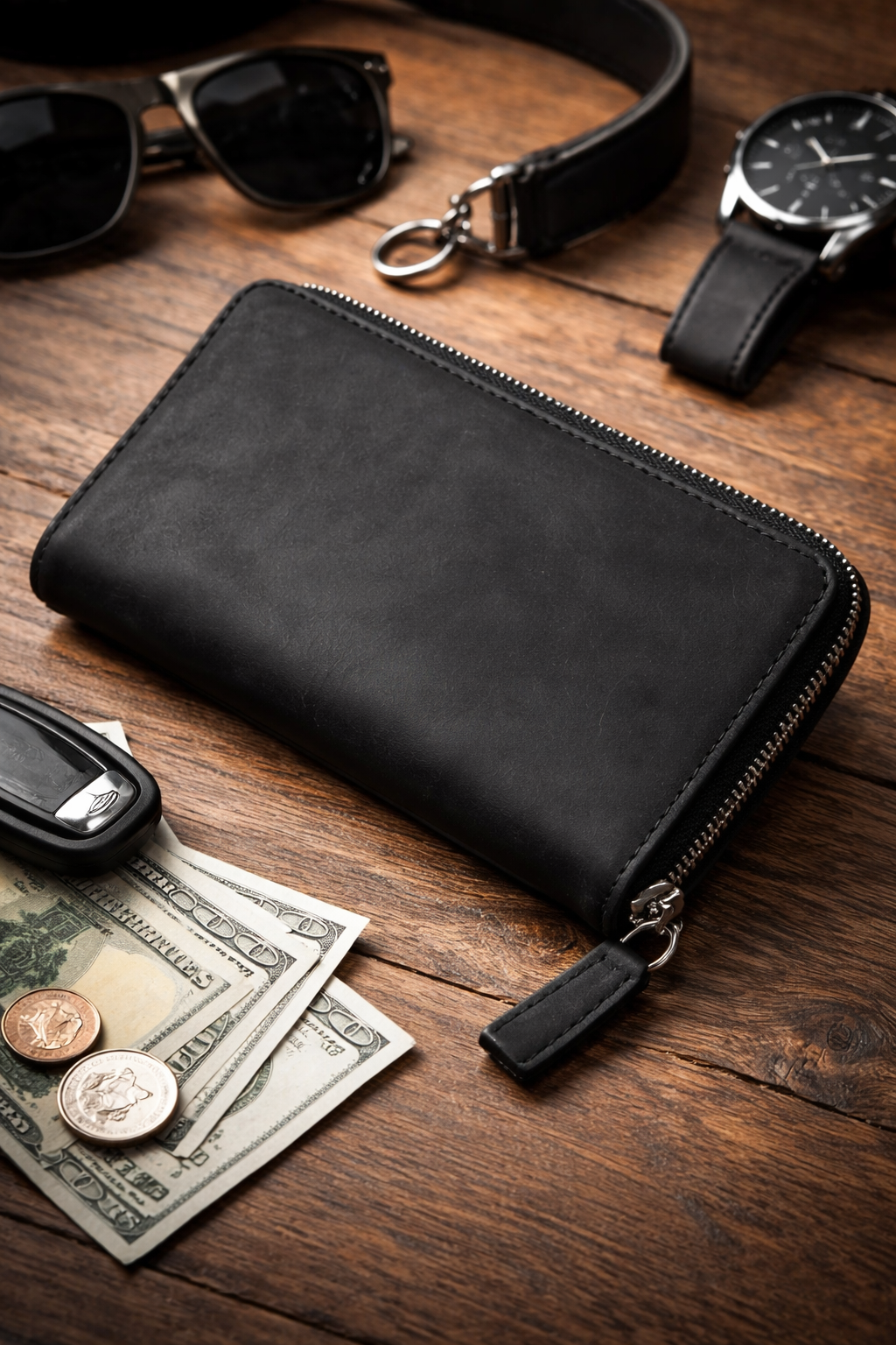 Handmade Black Crazy Horse Leather Clutch Wallet Genuine Leather Zippered Wallet Gift for Him