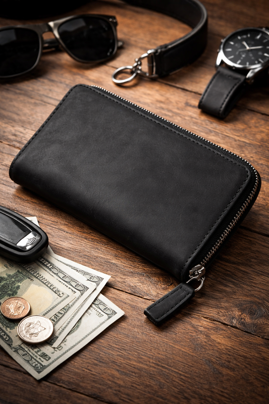 Handmade Black Crazy Horse Leather Clutch Wallet Genuine Leather Zippered Wallet