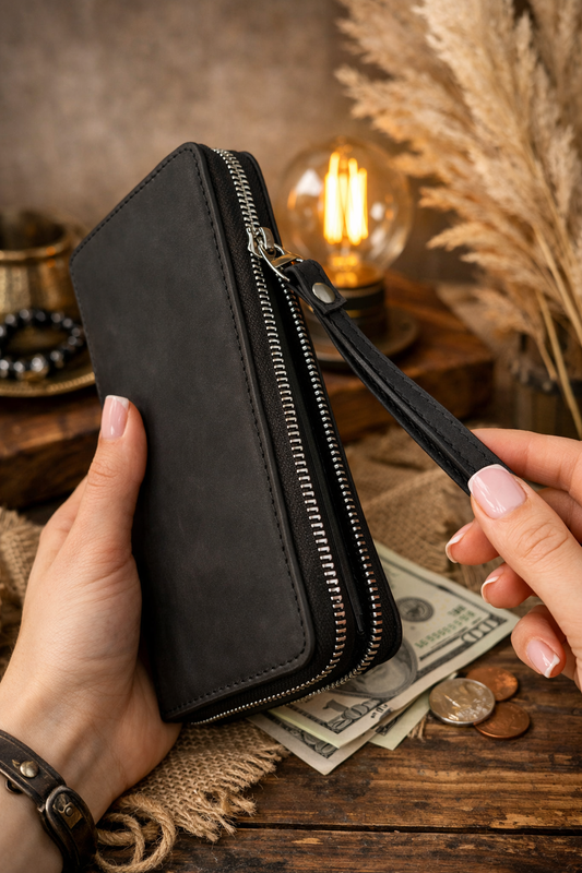 Handmade Black Crazy Horse Leather Clutch Wallet Zip Wristlet Gift for Him
