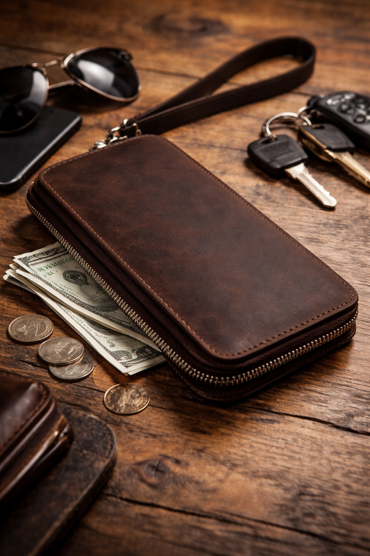 Handmade Genuine Leather Crazy Horse Brown Clutch Wallet Wristlet Zip