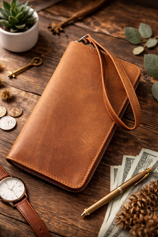 Handmade Genuine Crazy Horse Leather Clutch Wallet Light Brown Wristlet Gift for Him