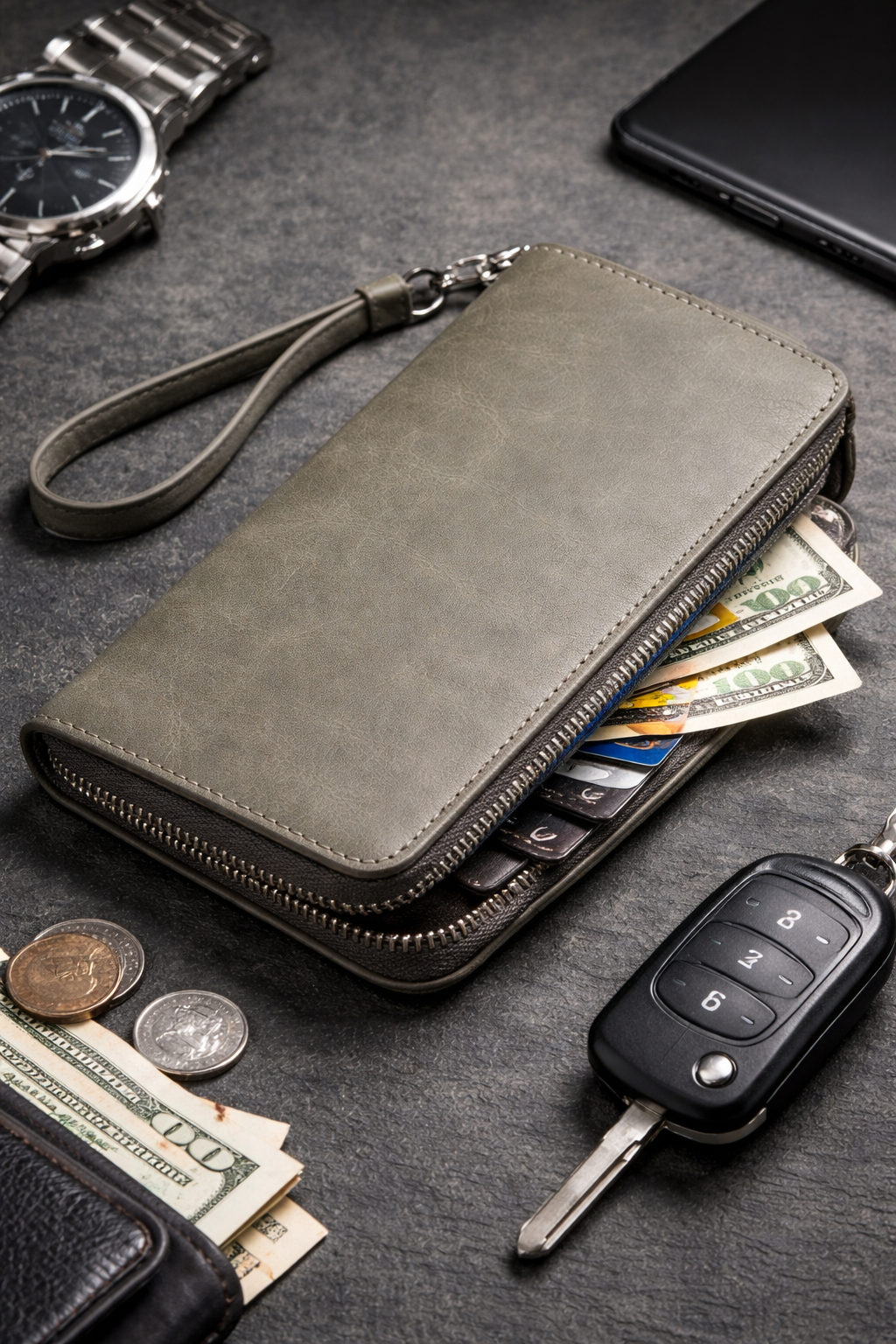 Handmade Crazy Horse Gray Leather Clutch Wallet Wristlet Gift for Him