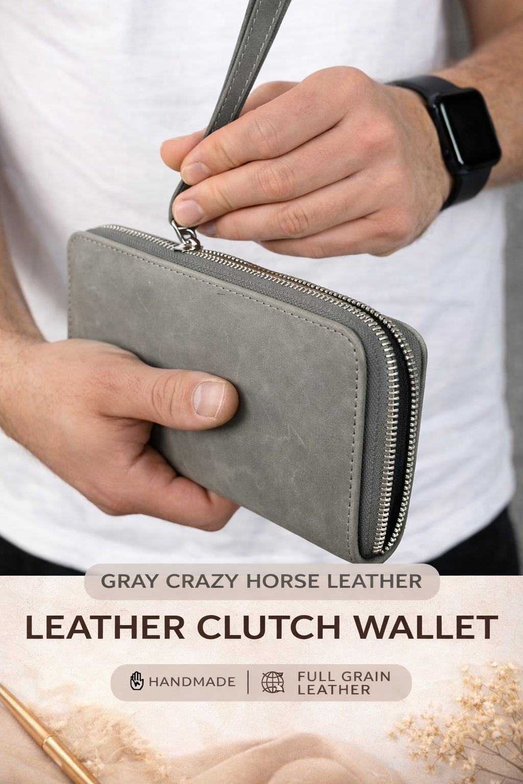Handmade Crazy Horse Gray Leather Clutch Wallet Wristlet Gift for Him