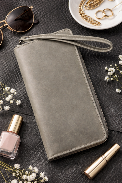 Handmade Gray Crazy Horse Leather Clutch Wallet Wristlet Zip Around Card Holder Gift for Him