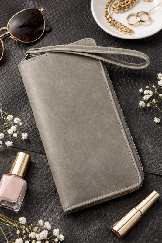 Handmade Gray Crazy Horse Leather Clutch Wallet Wristlet Zip Around Card Holder Gift for Him