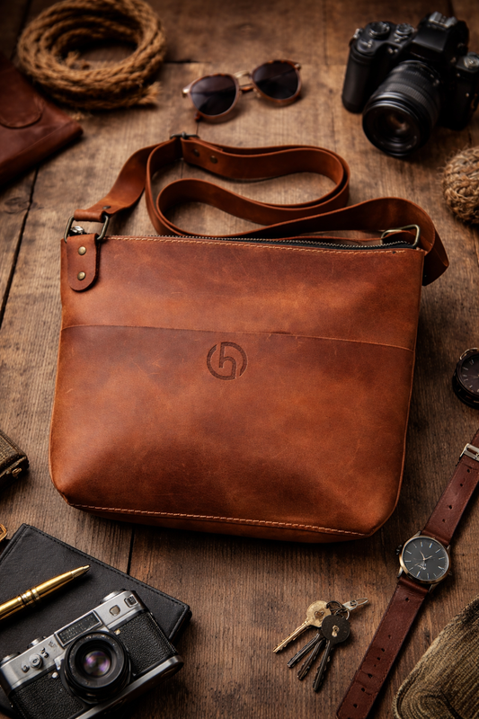 Handmade Mens Leather Messenger Bag Brown Crazy Horse Leather