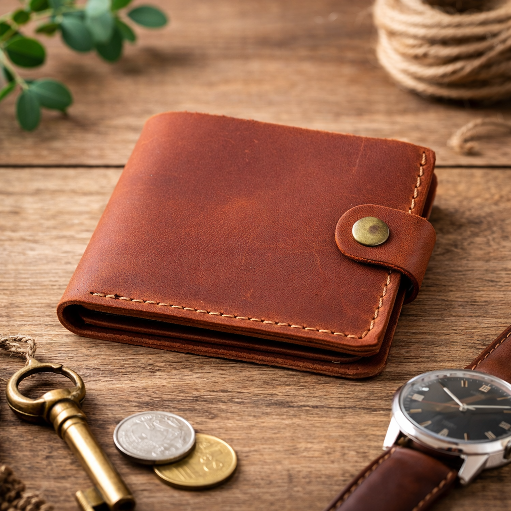 Mens Leather Wallet Handmade Gift for Him Crazy Horse Leather Bifold Wallet with Coin Pocket Card Holder
