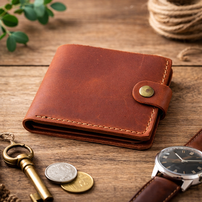 Mens Leather Wallet Handmade Gift for Him Crazy Horse Leather Bifold Wallet with Coin Pocket Card Holder