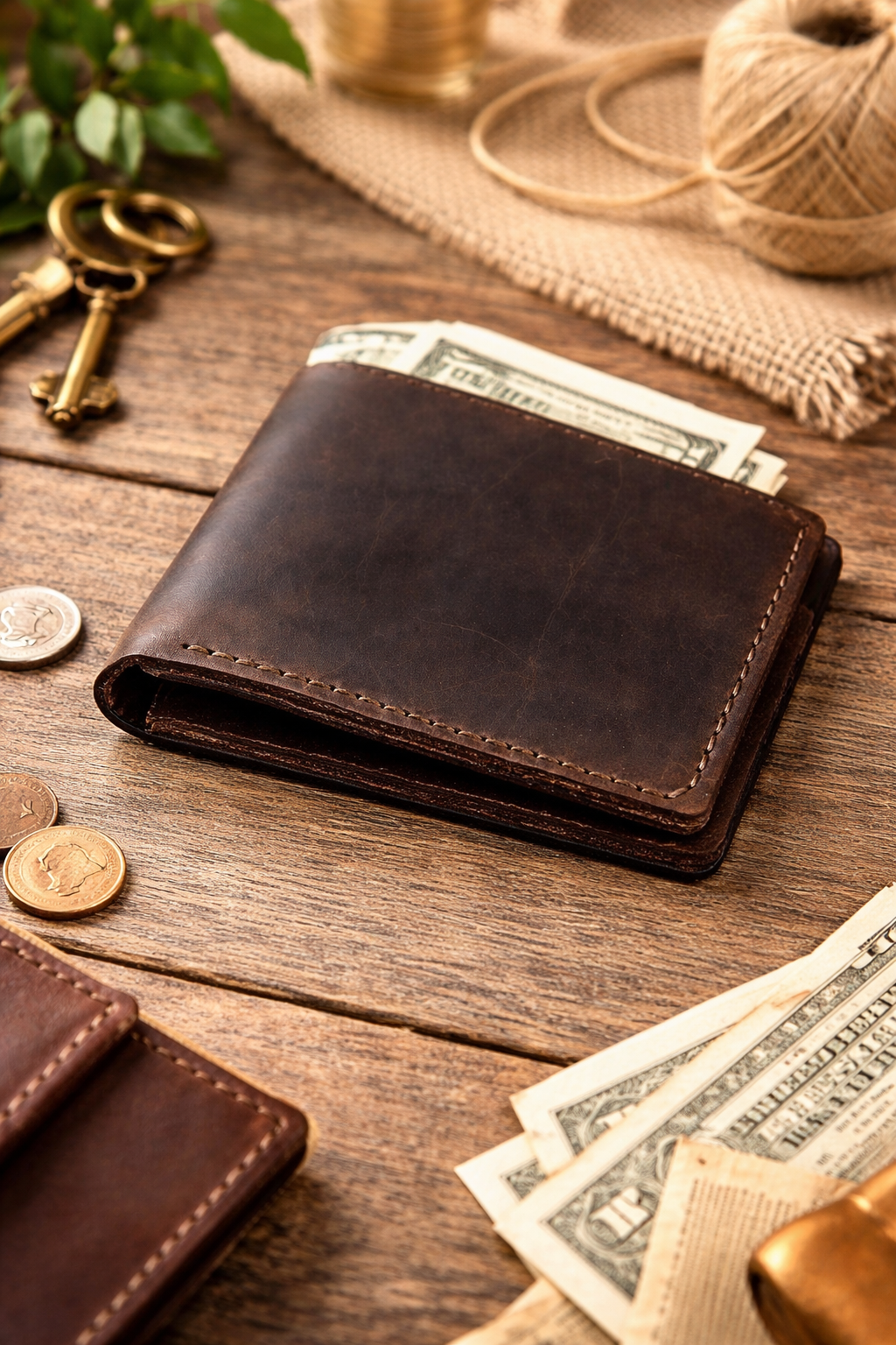 Handmade Mens Bifold Leather Wallet Crazy Horse Leather Gift for Him Minimalist Wallet