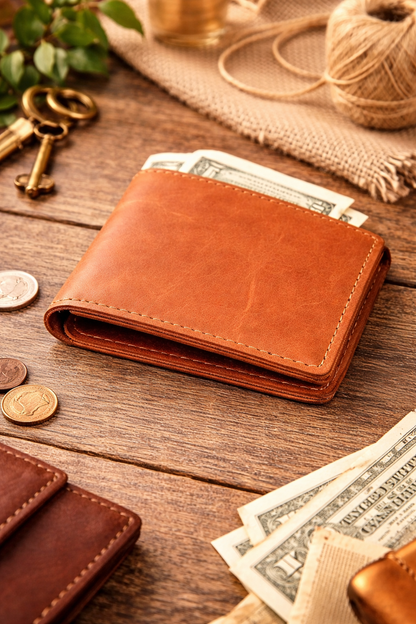 Handmade Mens Leather Bifold Wallet Gift For Him Crazy Horse Genuine Leather Compact Bifold Wallet