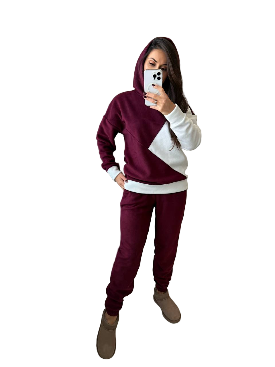Burgundy and White Polar Fleece Tracksuit Womens Hooded Color Block Jogger Set