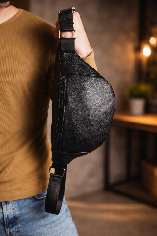 Handmade Mens Genuine Leather Black Waist Bag Banana Bag