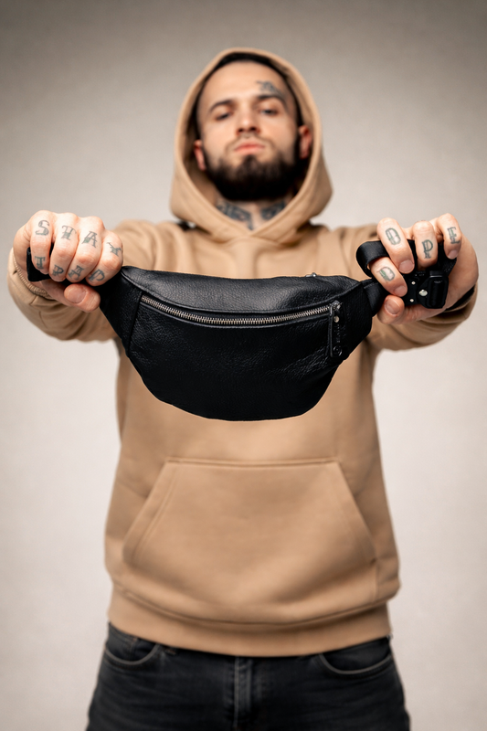 Handmade Mens Genuine Leather Belt Bag Black Waist Bag Fanny Pack