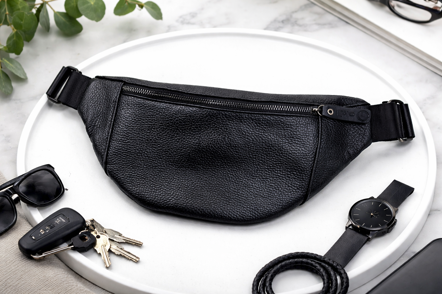 Handmade Mens Leather Banana Waist Bag Black Genuine Leather Fanny Pack