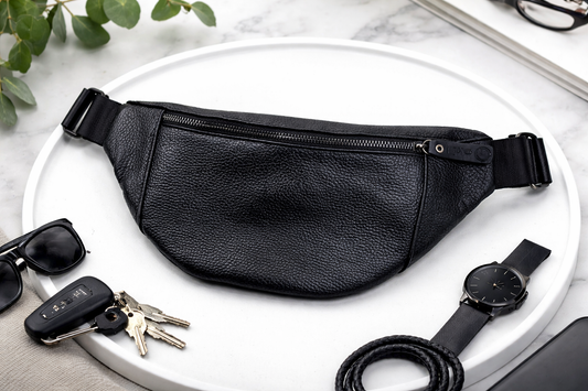 Handmade Mens Leather Banana Waist Bag Black Genuine Leather Fanny Pack