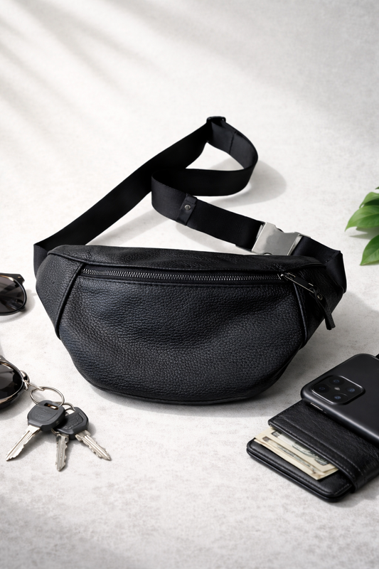 Handmade Mens Leather Banana Bag Black