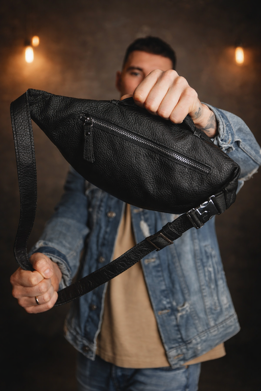 Mens Handmade Genuine Leather Banana Bag Black Waist Bag Fanny Pack