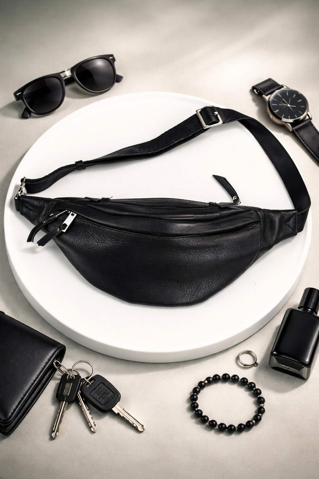 Handmade Mens Black Leather Waist Bag